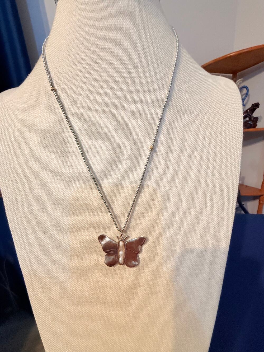 Vintage Butterfly Pendant Necklace 34”